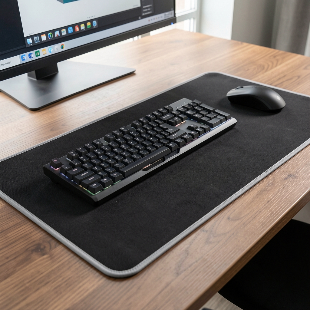 Mouse pad desk mat extra-large din material textil negru cu margini cusute, pe birou minimalist cu tastatura mecanică si mouse, dimensiune 900x400mm