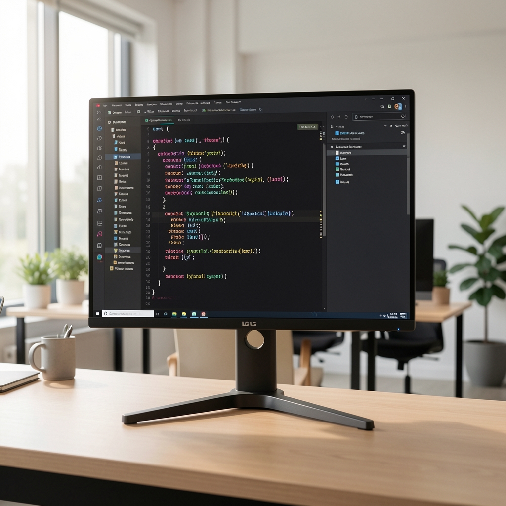 Monitor LG UltraSharp 27 inch 4K IPS USB-C cu suport ErgoStand negru, afișând interfata de design pe fundal de birou modern